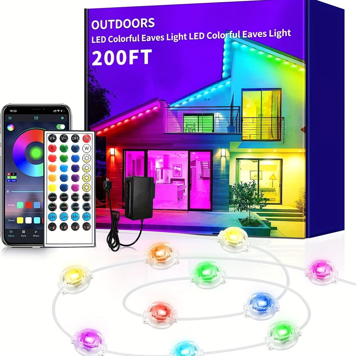 Permanent Eave Lights RGB Outdoor 200FT - Music Sync, Scene Modes, App Controlled Under Eave LED Lighting for House Exterior, Roofline, Garden, Holiday & Party Decor (60FT / 100FT / 150FT / 200FT)