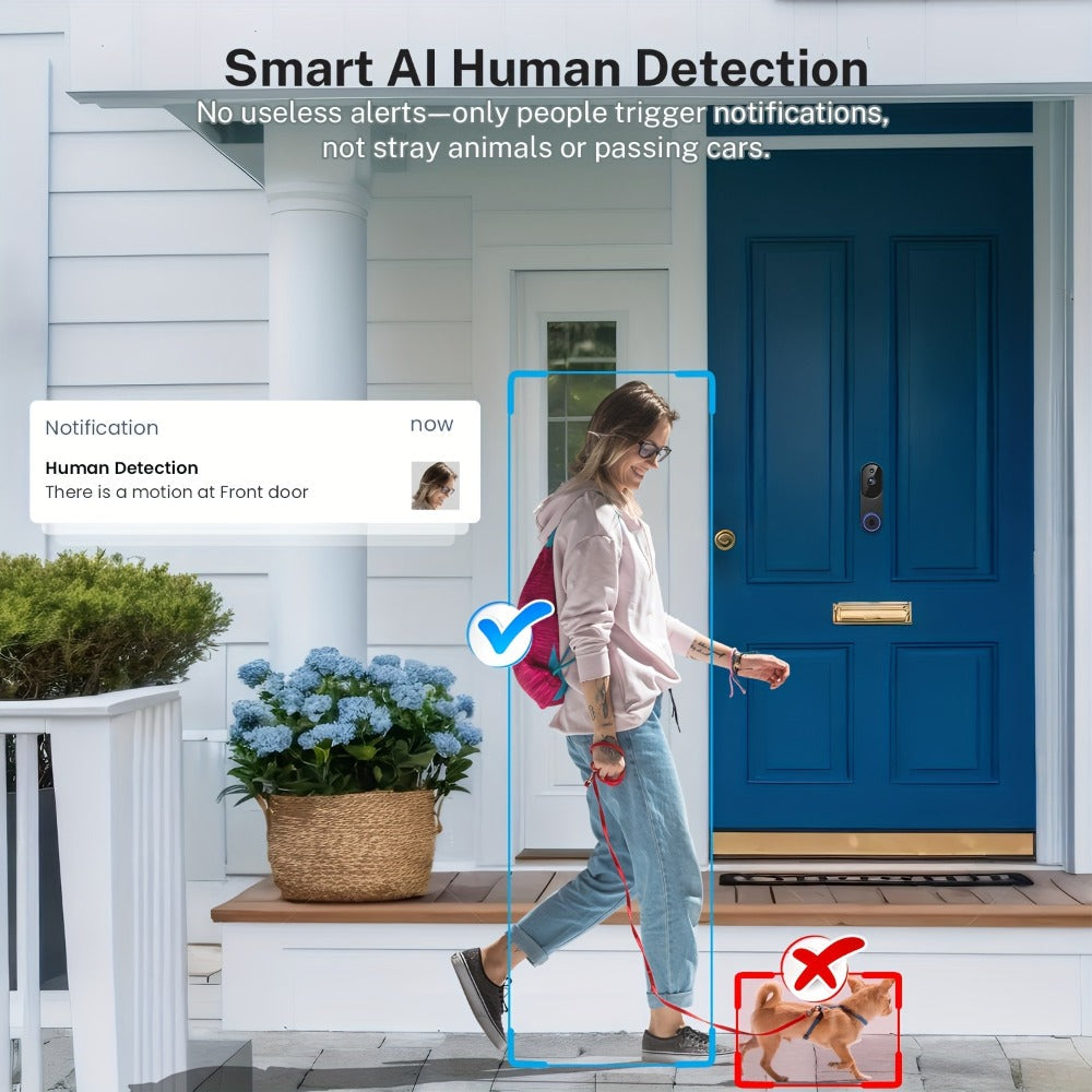 960P Smart Video Doorbell 2.4G 5G Dual-Band WiFi – Color Night Vision, AI Vehicle & Person Detection, Two-Way Voice, 3:4 Full View Screen, Wireless No Wiring, Real-Time App Viewing, Black