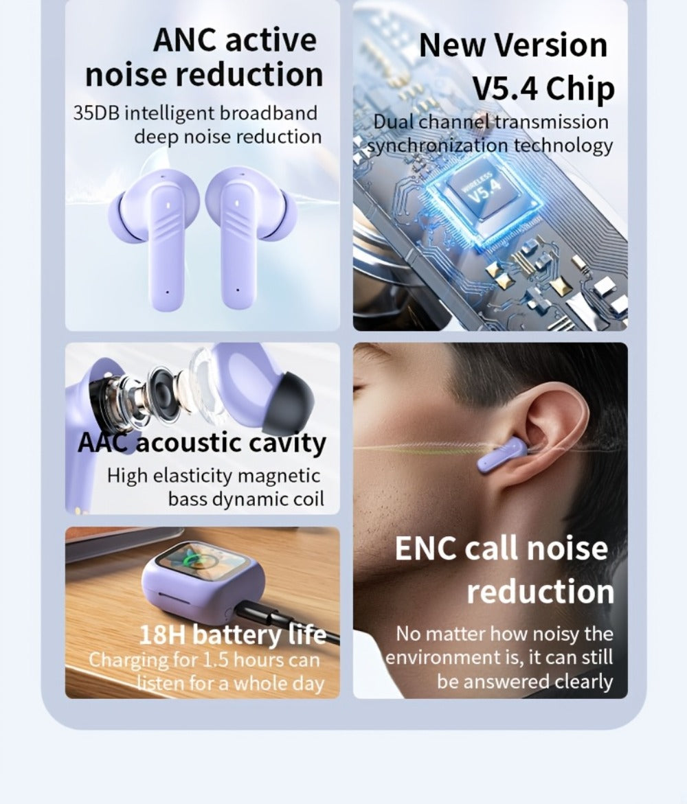 LED Touchscreen Wireless Earbuds Bluetooth 5.4, ANC/ENC Noise Cancelling, 48H Playtime, Touch Screen Control, LED Display Charging Case, True Wireless Earphones for Work Sport Travel