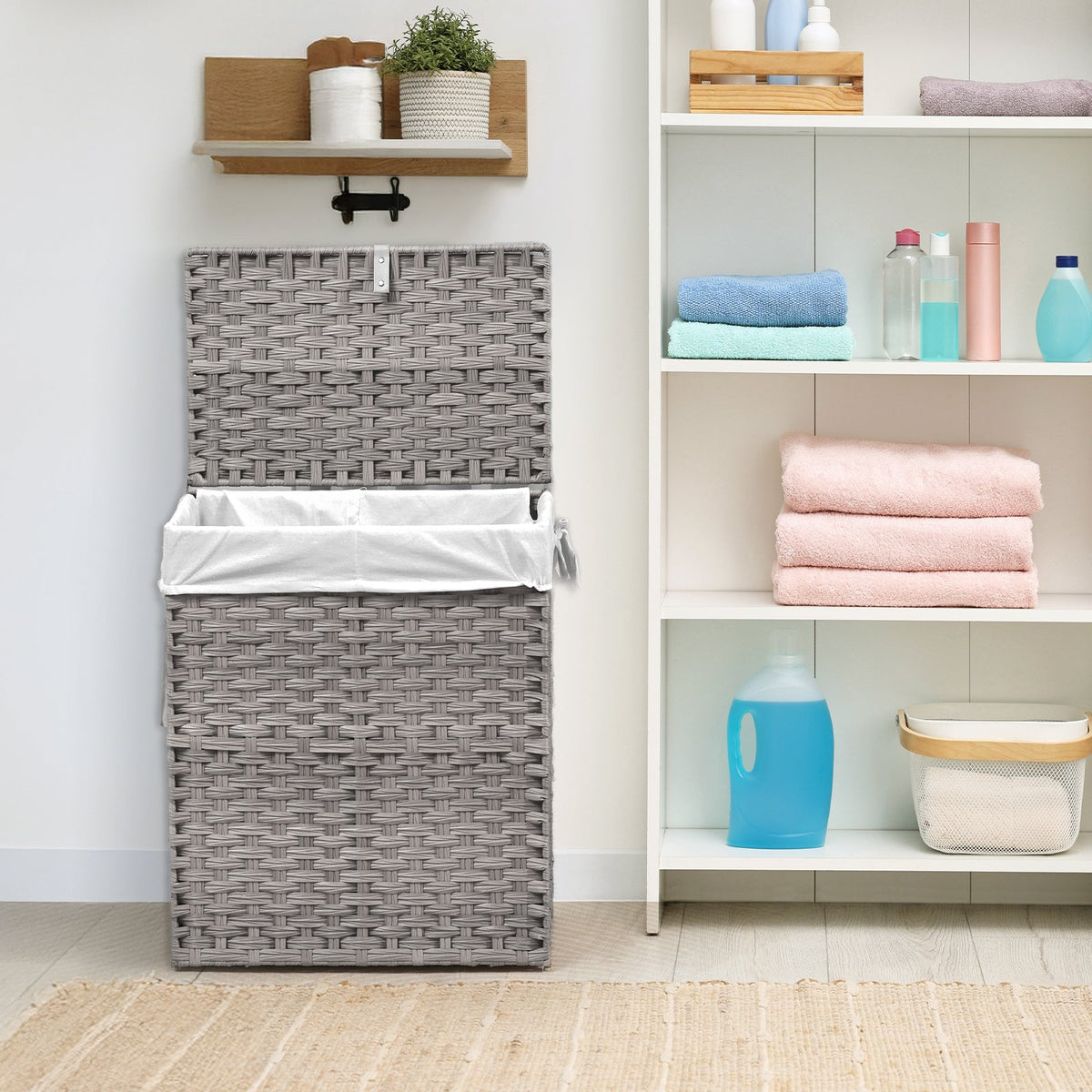 Laundry Hamper with Lid Large Capacity Woven Rattan Storage Basket, Collapsible Clothes Hamper with Handles & Removable Liner, Foldable Breathable Wicker Basket for Bedroom Home Dorm, 2 Sizes