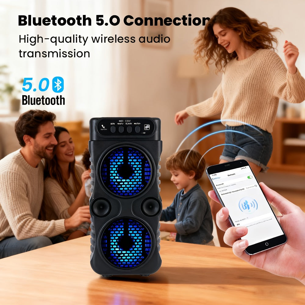 Dual 3-Inch Wireless Bluetooth Speaker with Colorful LED Lights, USB TF Card FM AUX Multi-Input, Long Playtime, Compact Party Speaker for Desktop Gaming Disco Outdoor Concerts Christmas Gifts