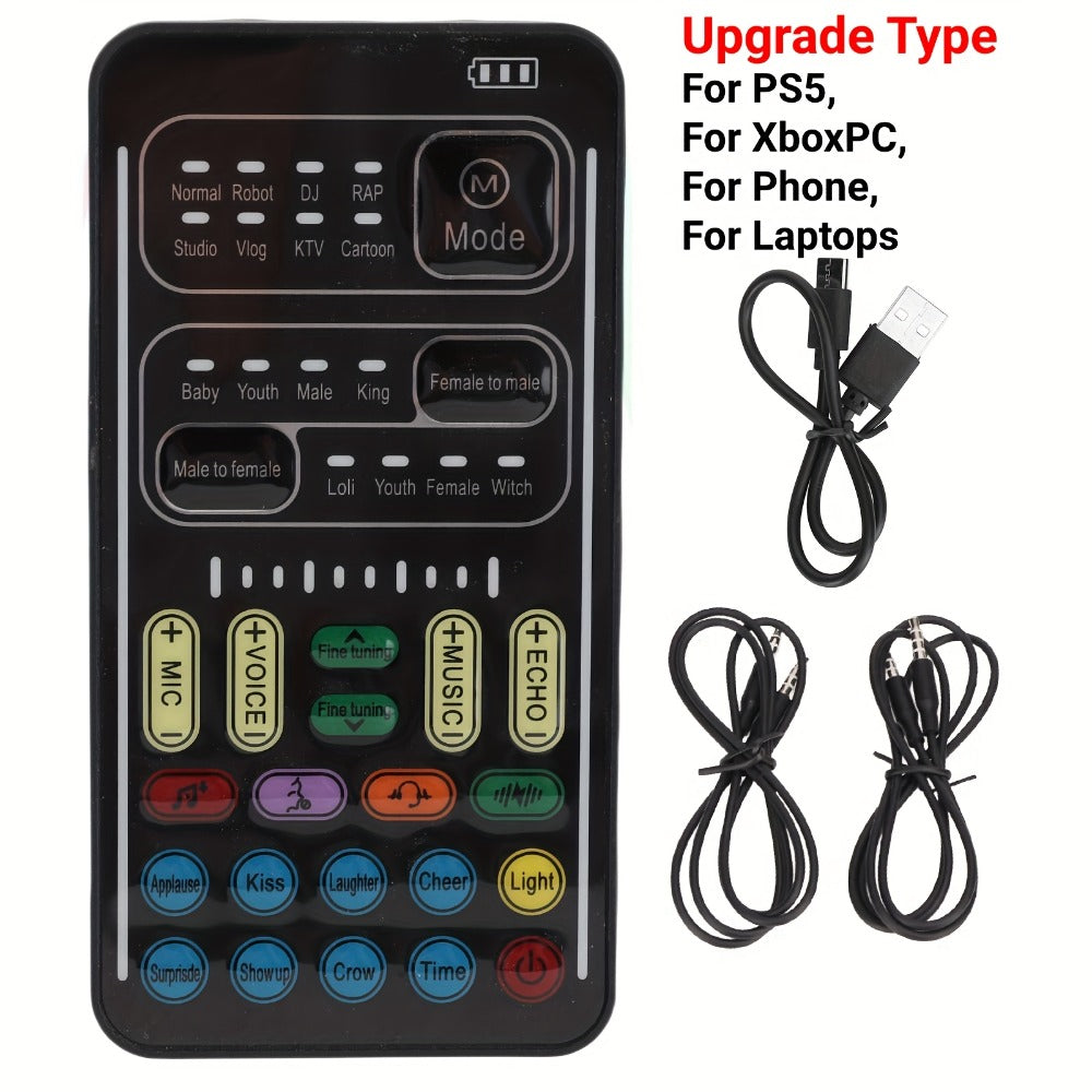 Voice Changer Sound Card with 8 Voice Effects & LED Lights – Portable Live Sound Board for PS4, PS5, Xbox, PC, Phone, Laptop, Tablet | Male to Female, Gaming & Streaming Voice Modulator