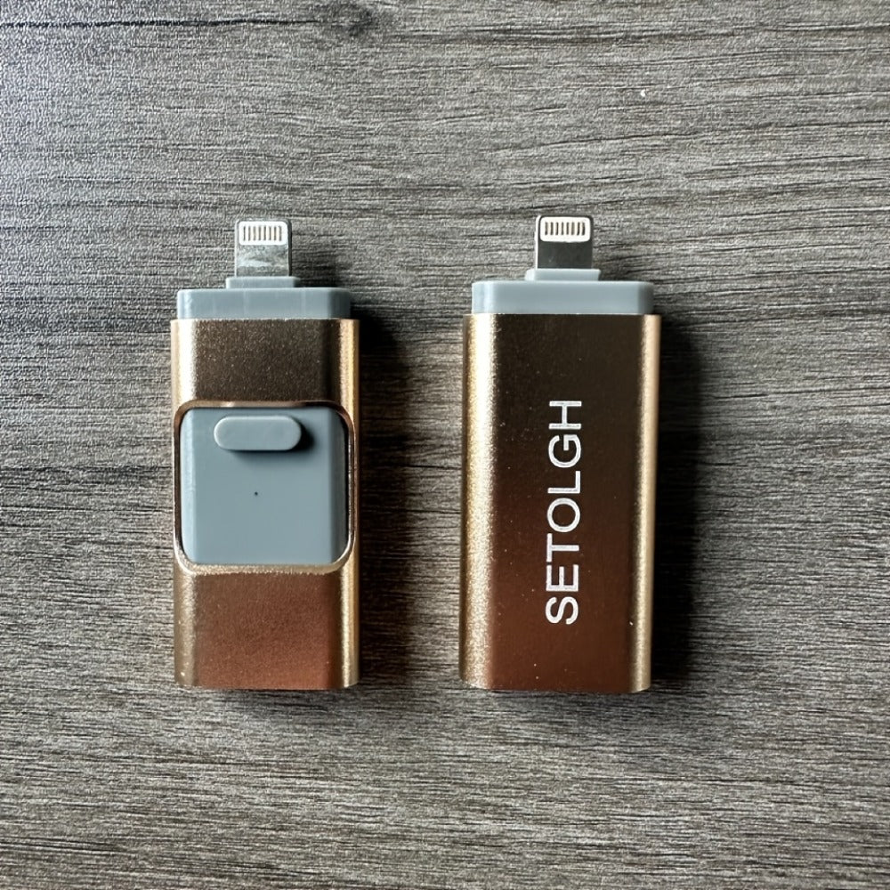 4-in-1 Flash Drive for iPhone iPad Android Type-C PC – OTG USB 3.0 Photo Stick 128GB 256GB Memory Stick Thumb Drive, Lightning Micro USB USB-C USB-A, Golden Silver Pink Black