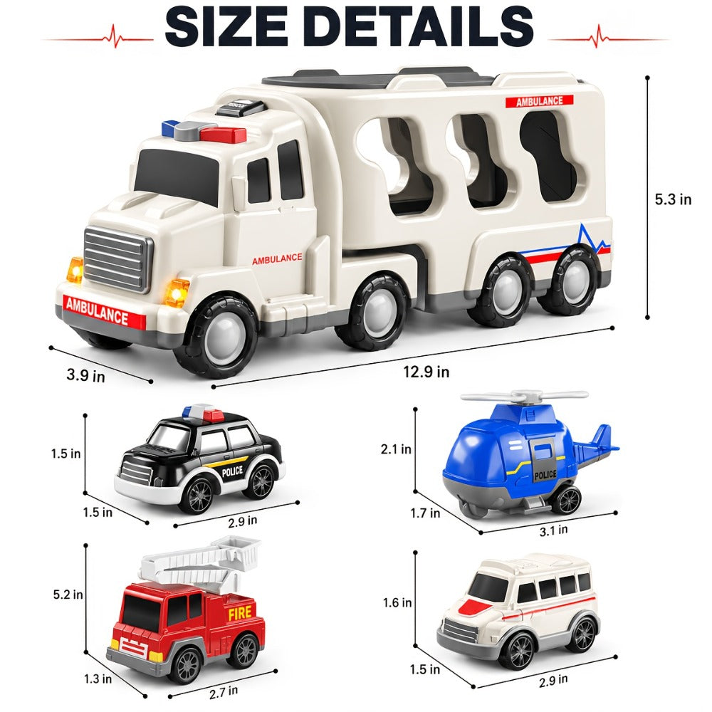 Ambulance Carrier Truck Toy Set, 5-in-1 with Lights, Sound and Rescue Vehicles
