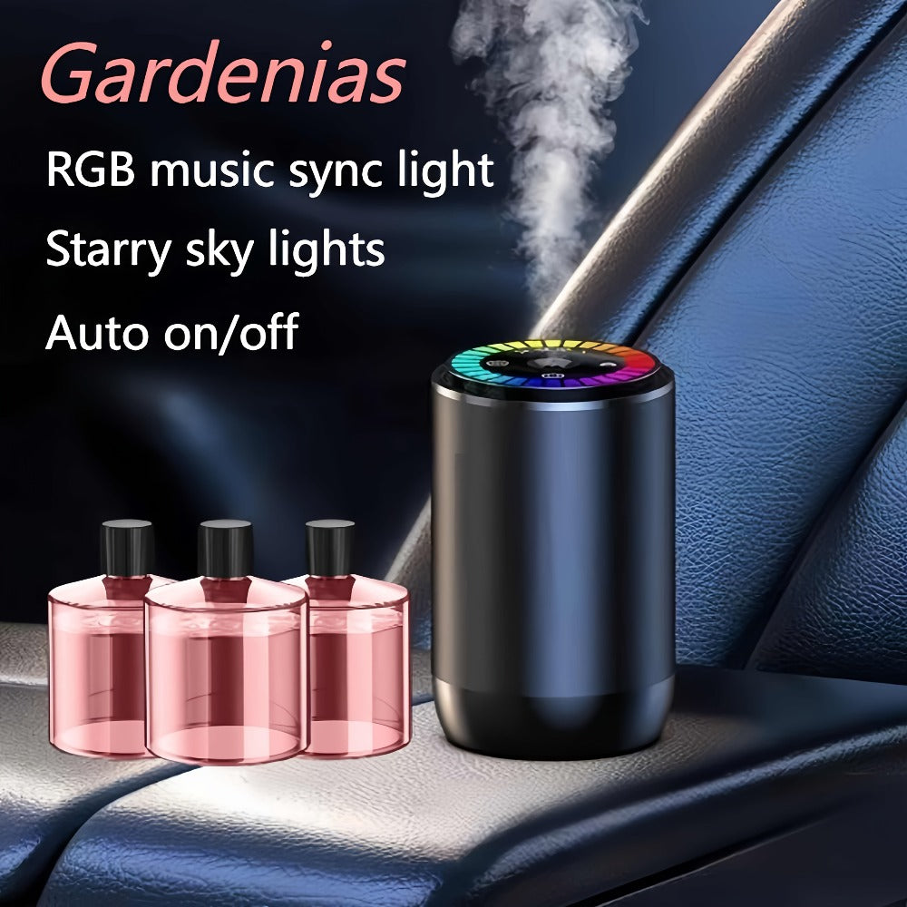 Car Air Freshener Aromatherapy Diffuser with Starry Sky Light Show, USB Rechargeable, Adjustable Fragrance – Natural Essential Oil Scents (Lavender, Ocean, Cologne, Gardenia)