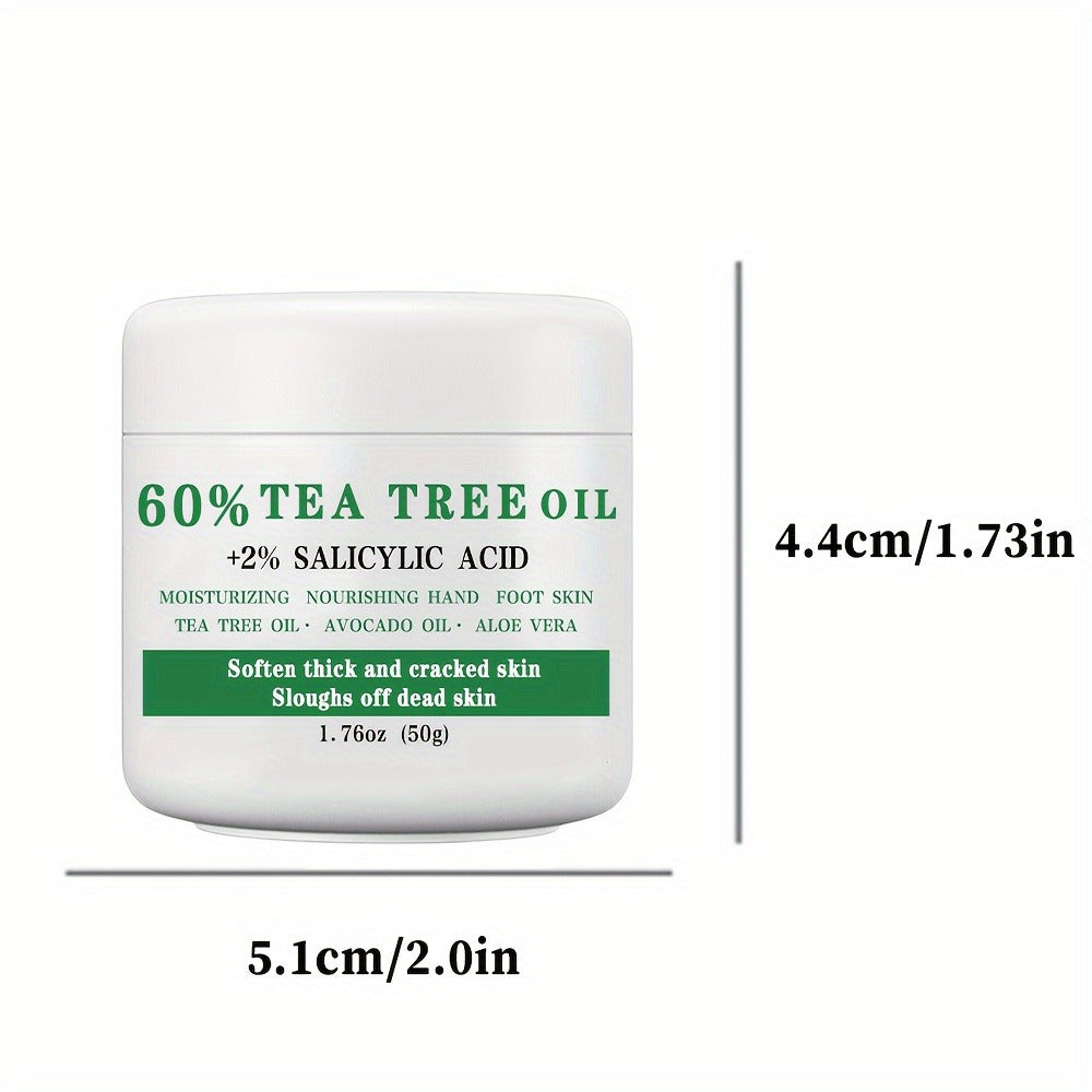 Tea Tree Oil Foot Cream 50g - 60% Tea Tree Oil & 2% Salicylic Acid Foot Balm for Dry Cracked Heels & Calluses, Aloe Vera & Mint Cooling Nourishing Foot Care Treatment