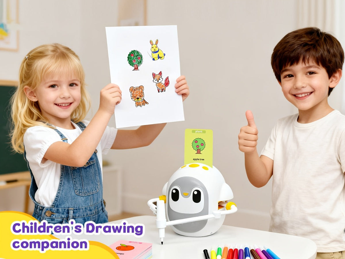 Drawing Robot for Kids Penguin, 200 Learning Cards & 12 Color Pens, STEM Art Educational Toy, Screen-Free Interactive Drawing Game, Step-by-Step Lessons for Boys & Girls Ages 3+, USB Charging, Birthday Gift