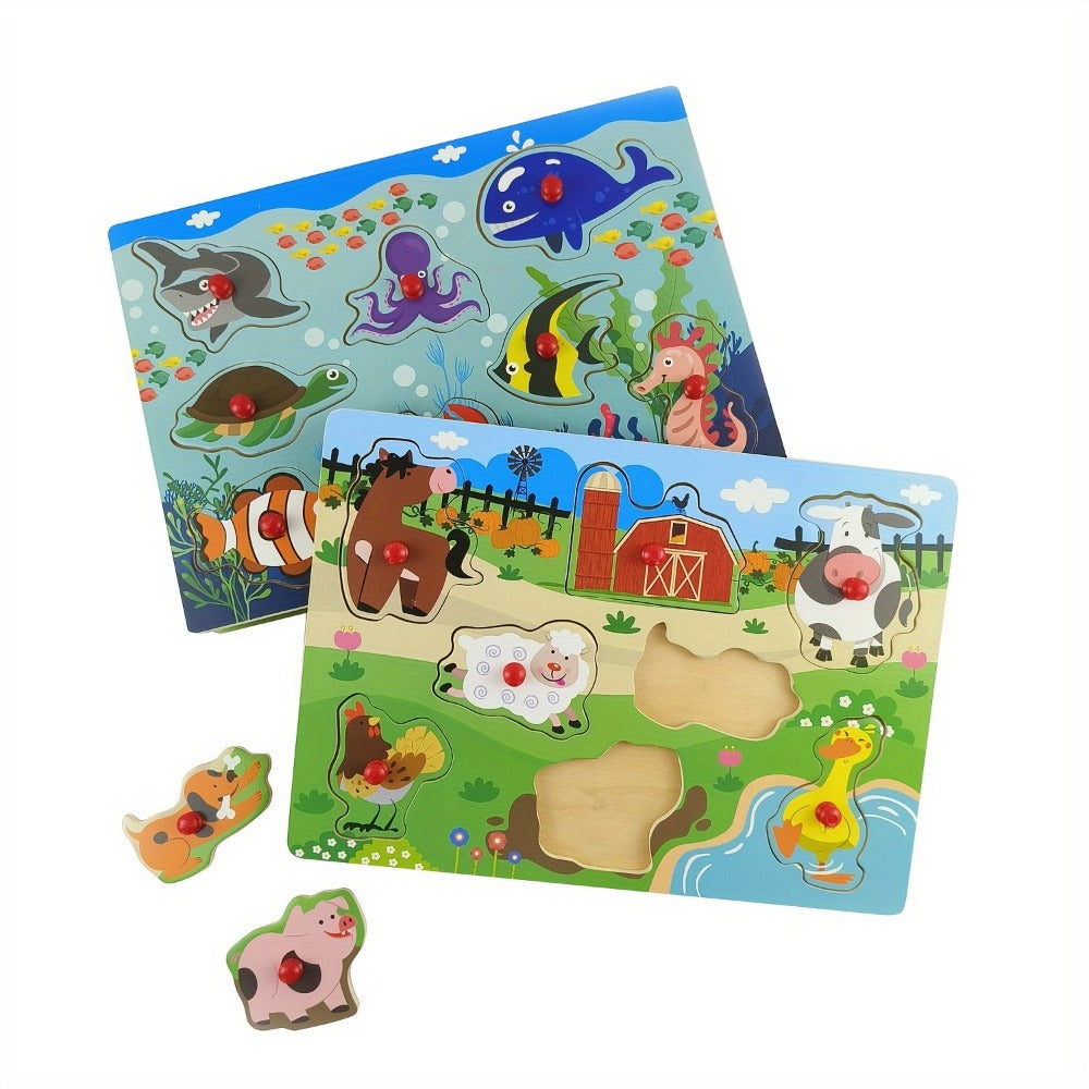 Wooden Peg Puzzles for Toddlers, Set of 4 Knob Puzzles in Farm, Zoo, Christmas & Halloween