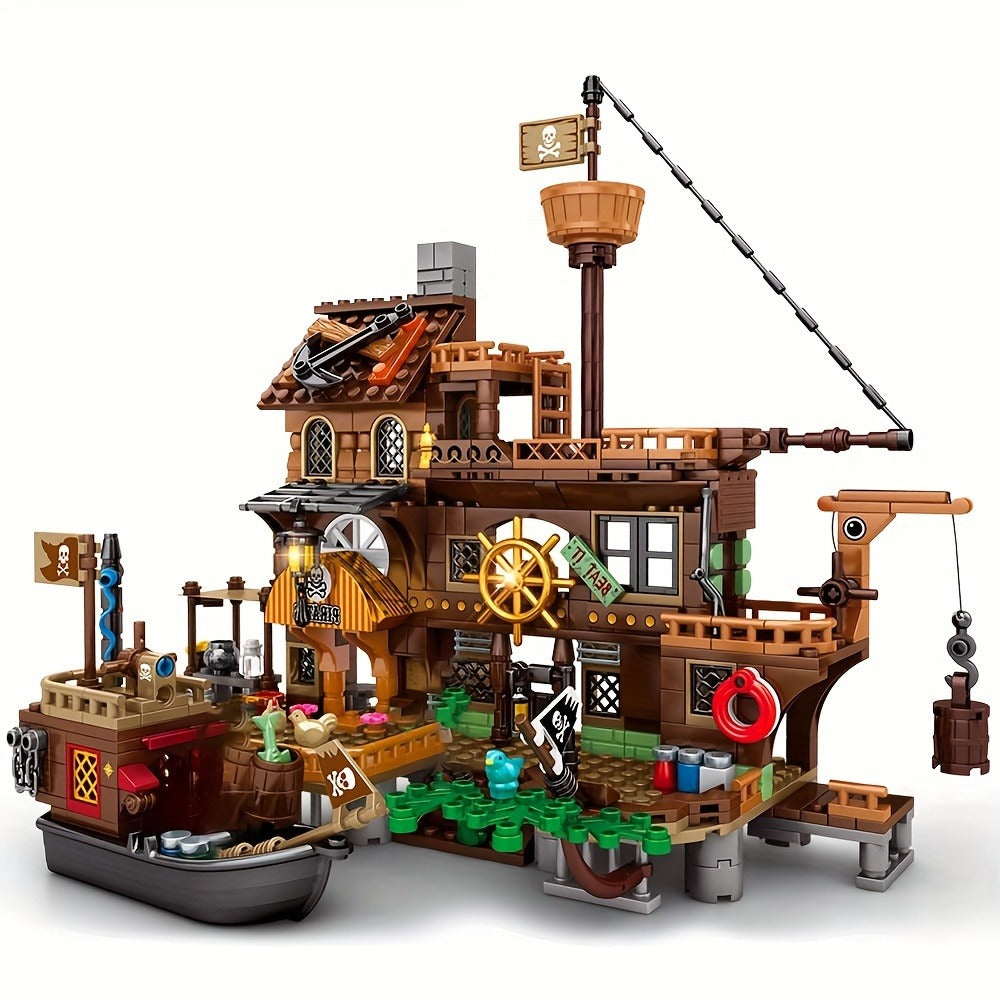 Pirate Ship Building Blocks Set, 573 Pieces Pirate's Wharf Supply Center for Ages 8+