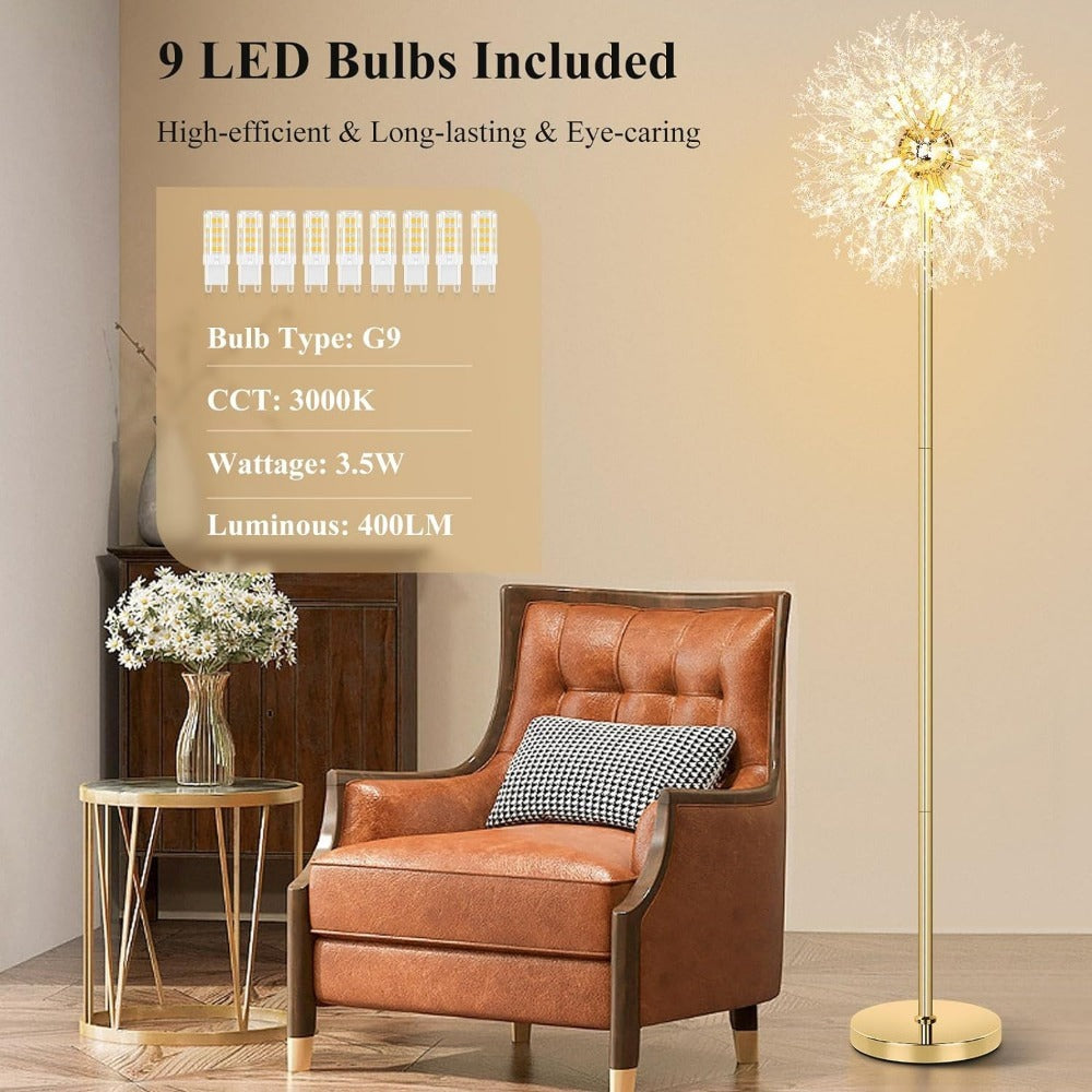 Crystal Floor Lamp Living Room 69 Inch Modern Standing Lamp – 738pcs K9 Crystals, 9 LED Bulbs, Antique Brass & Gold Finish, Tall Pole Light for Bedroom, Office & Mid Century Glam Decor