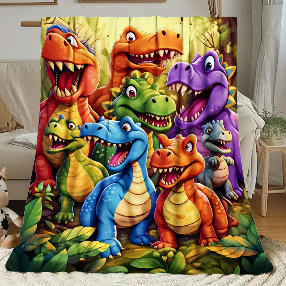 Dinosaur Print Flannel Throw Blanket – 250-300gsm Soft Lightweight Cartoon Dino Blanket for Kids, Couch, Bed & Travel, 5 Sizes