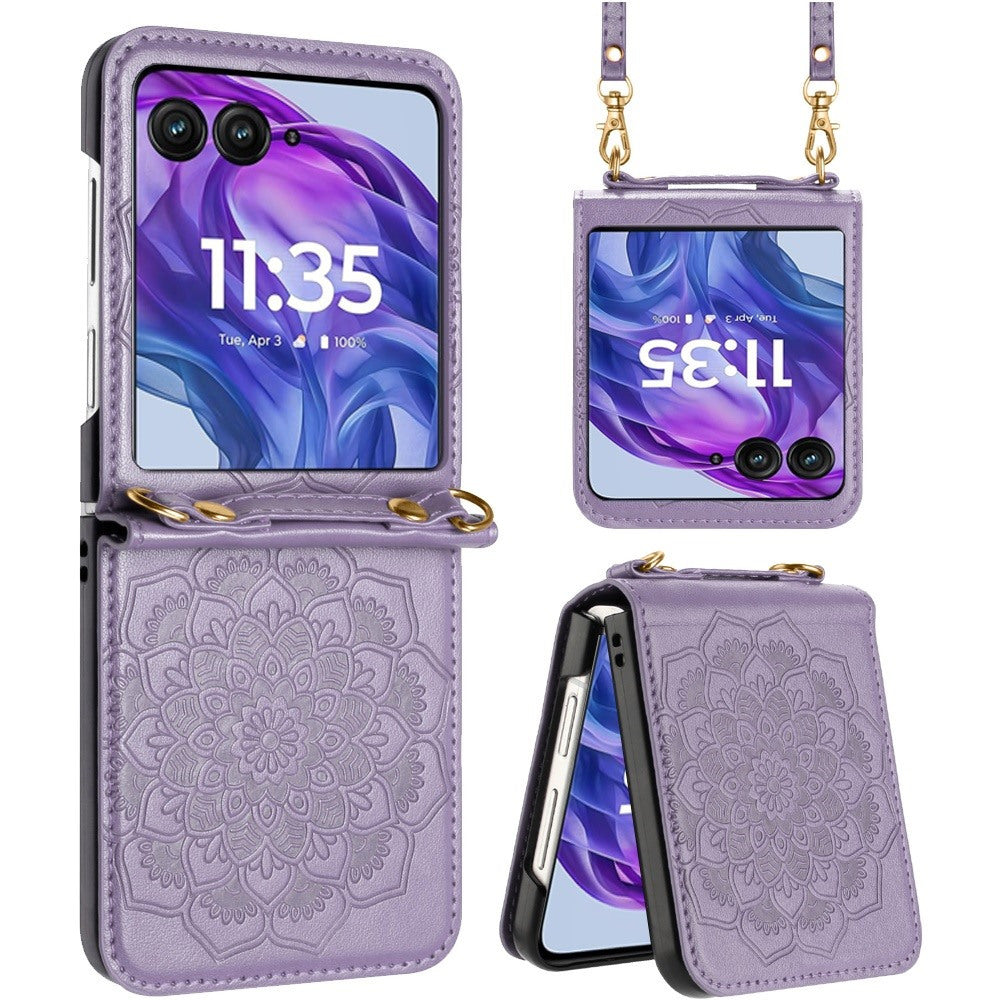 Floral Crossbody Motorola Razr 2024 / Razr+ Plus 2024 Case Flower Embossed PU Leather Lanyard Strap – Boho Henna Mandala Hybrid Protective Cover for Women Gift