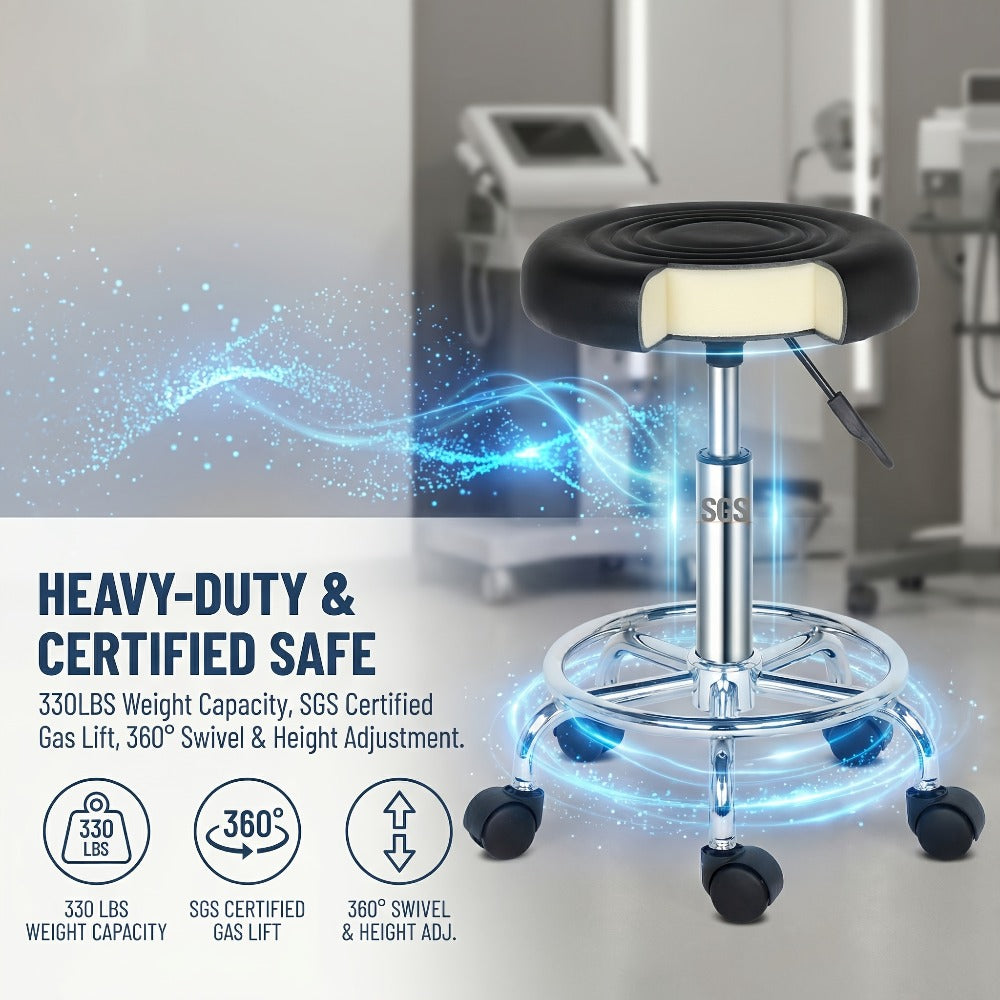 Round Padded Swivel Bar Stool 360° with Chrome Base - Adjustable Height Salon Kitchen Counter Stool for Nail Salon Beauty Studio Home Bar Reception, Black & White, 13"x24"