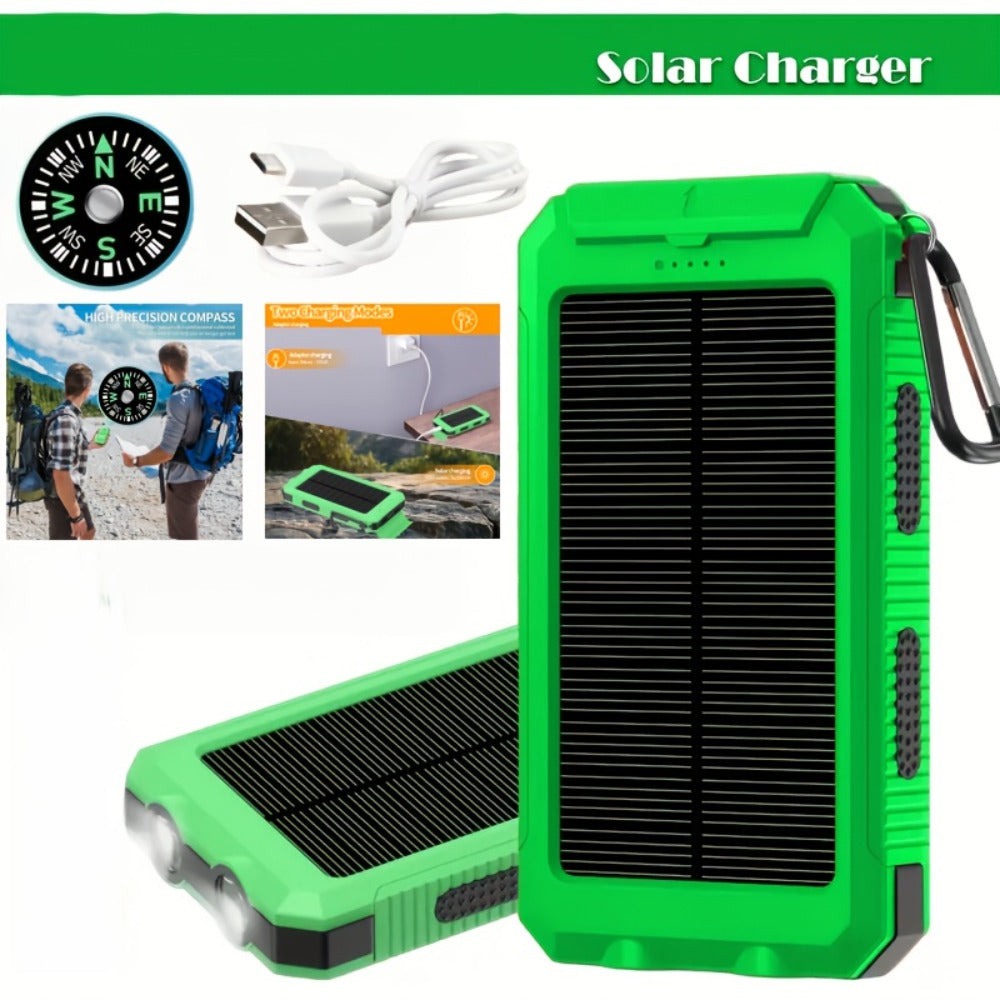 Hiking Solar Power Bank 10000mAh with Compass LED Flashlight & Carabiner Clip – Portable USB Charger for Camping Backpacking Travel Emergency Prep – Works with All Phones, Data Cable & Backpack Hook Included