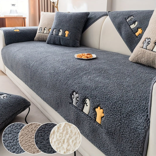 Sofa Covers in Thick Plush with Animal and Bone Embroidery, Multiple Options