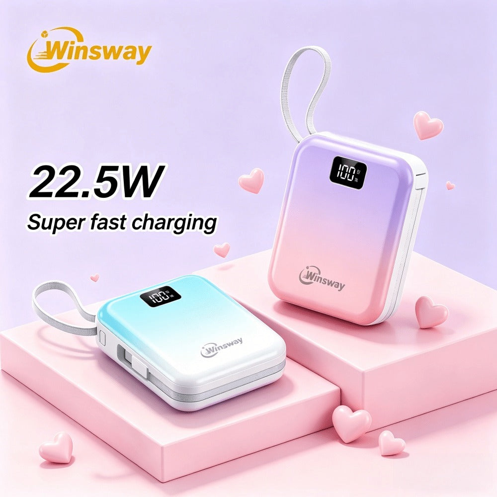 Mini Compact Power Bank 10000mAh Winsway 22.5W Fast Charging – Built-in Dual Cables USB-C & USB-A, Gradient Design, LED Display, Ultra-Lightweight Portable Charger for Travel Boarding Outdoor Gift