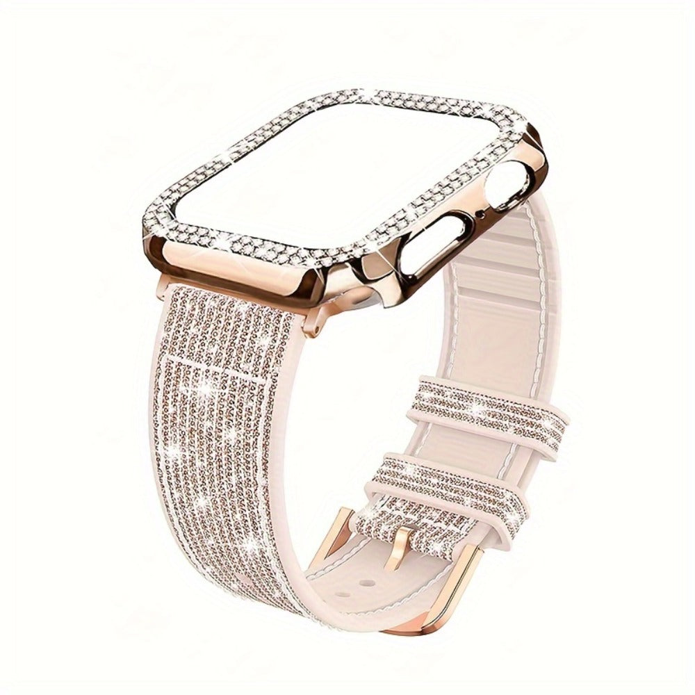 Apple Watch Band with Case Crystal Rhinestone Bling, Chameleon Color-Shift Strap + Shockproof Hard PC Cover, Compatible with Apple Watch Series 1-9 SE Ultra 38mm to 49mm S10 – Rose Gold Black Silver Women