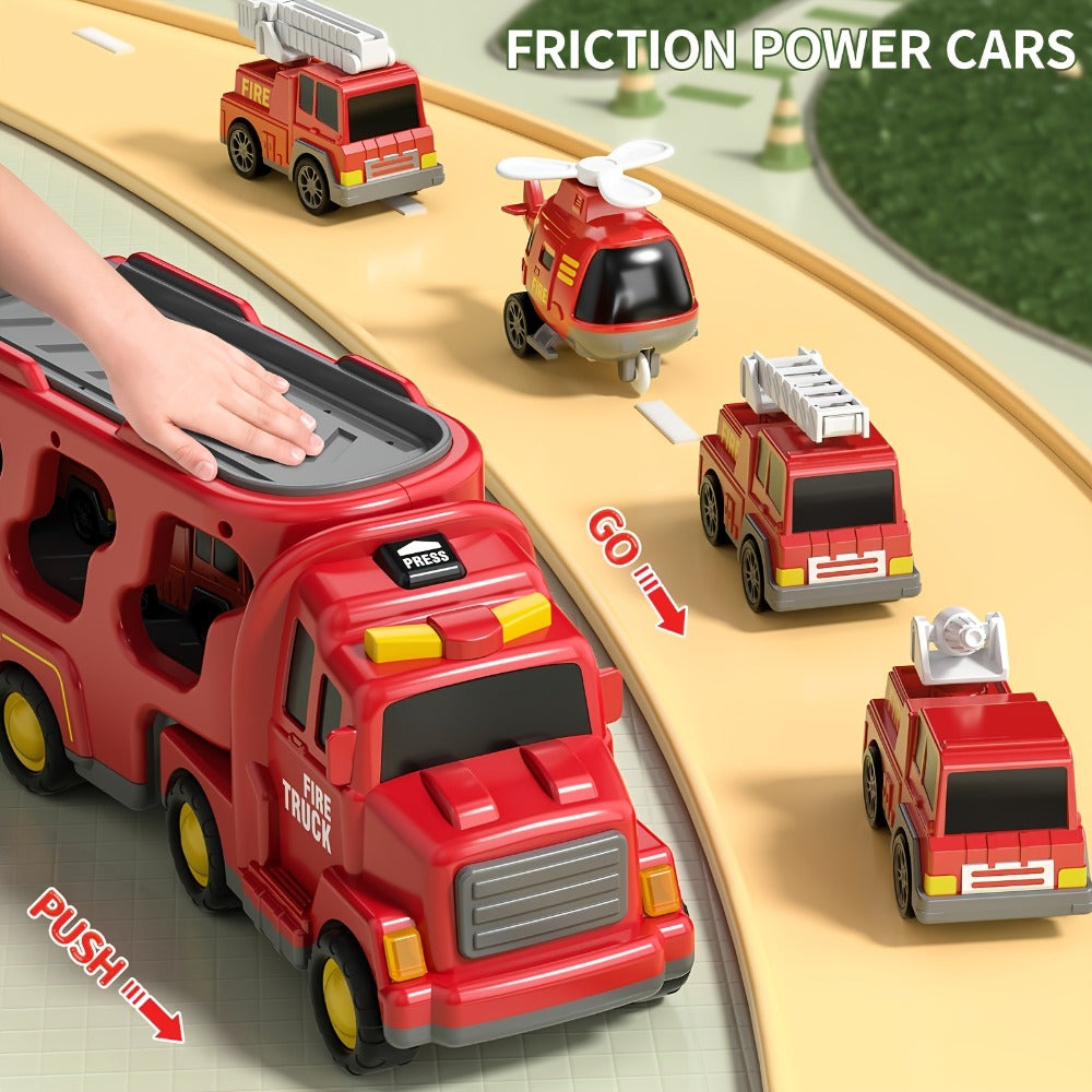 Fire Truck Rescue Playset, 5-in-1 Carrier with Interchangeable Vehicles