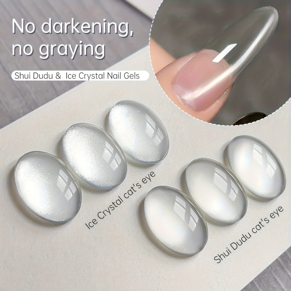 Holographic Cat Eye Gel Polish Set 2pcs Iridescent Magnetic – Reflective Water Dudu & Ice Crystal Shades, Soak-Off LED/UV Curable 0.51oz, Salon & Home Nail Art Gift for Women