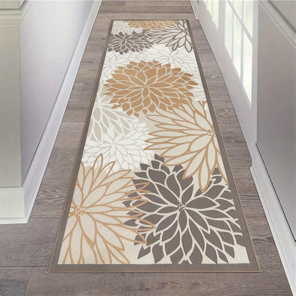 Floral Medallion Runner Rug Non-Slip Machine Washable – Low-Profile Hallway Carpet for Entryway, Laundry Room & Bathroom – Brown & Grey, 2x6, 2x8, 2x10 Ft