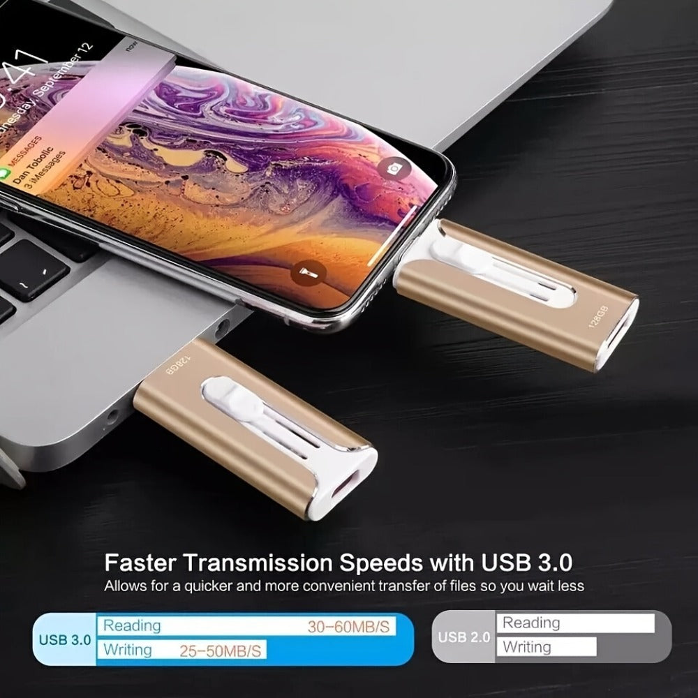 4-in-1 iPhone Flash Drive USB 3.0 OTG Photo Stick 128GB 256GB, Lightning USB-C USB-A iPad Connector Memory Stick with Backup Function Compatible with iPhone iPad Android Laptop & PC – Gold Pink Silver Blue