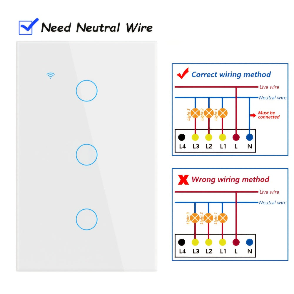 White Glass WiFi Bluetooth Touch Screen Smart Switch 1/2/3/4 Gang – Scratch-Resistant, Works with Alexa & Google Home, Tuya App, Smart Scenes, Timer, Share Function, 600W/Gang, Neutral Required