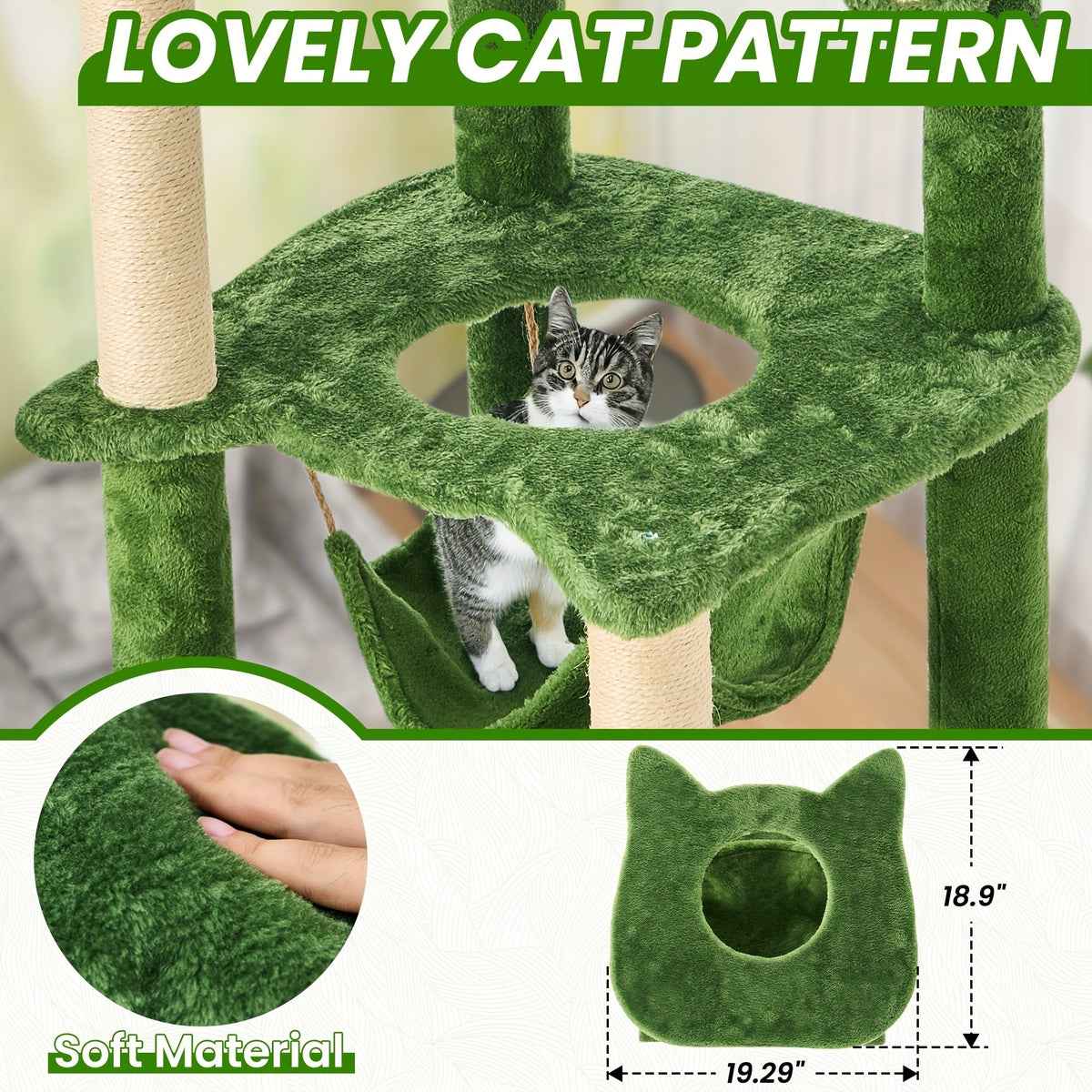 Cat Tree 55" Large Multi-Level Cat Tower for Indoor Cats with Green Leaves, Hammock, Sisal Scratching Posts & Hanging Ball Toy – Cat Furniture for Living Room