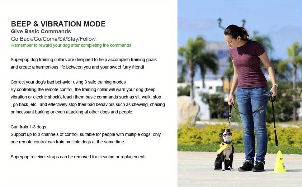 Dog Training Collar with Remote – LED Light, Beep, Vibration & Safe Shock Modes | Waterproof E-Collar for 1, 2 or 3 Dogs | Adjustable Range Remote Dog Trainer (Black & Blue)