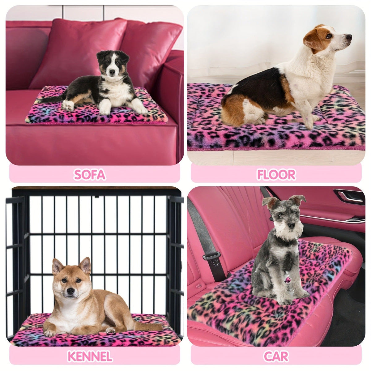 Reversible Plush Pet Mat Leopard Print Fleece Soft Warm Dog Cat Bed Pad Anti-Slip Machine Washable for Crate Car Sofa Floor Small Medium Large Breeds S M