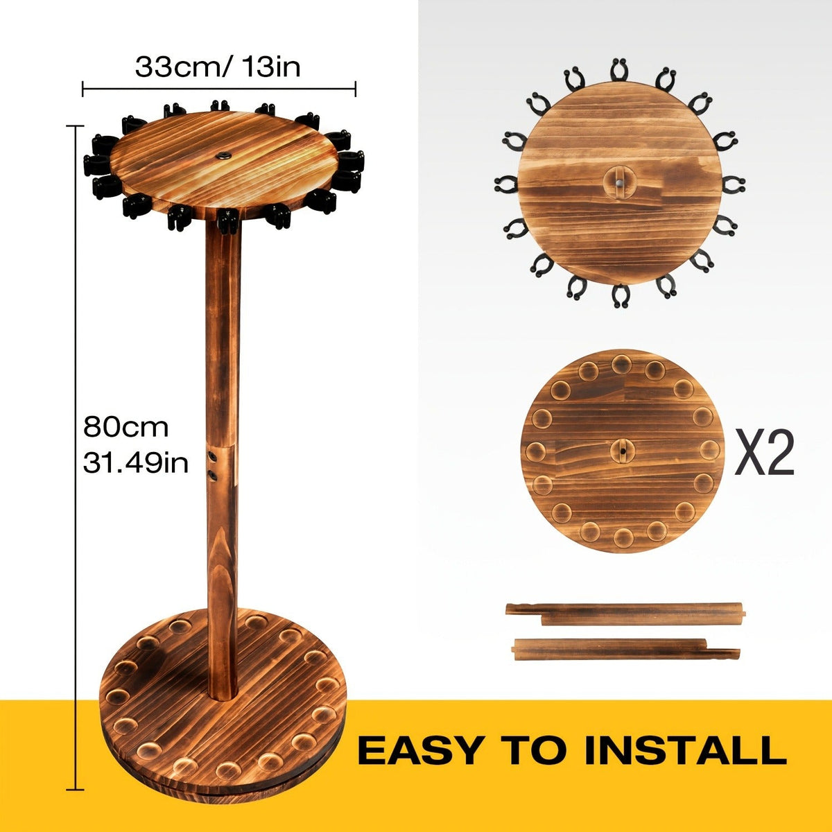 Wooden Fishing Rod Rack 360 Degree Rotating Circular Holds 16 Rods Space Saving Fishing Pole Organizer for Garage Home Storage