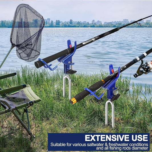 Fishing Rod Holder Ground Stakes, 360° Adjustable Reinforced Brackets, 2-Piece Set