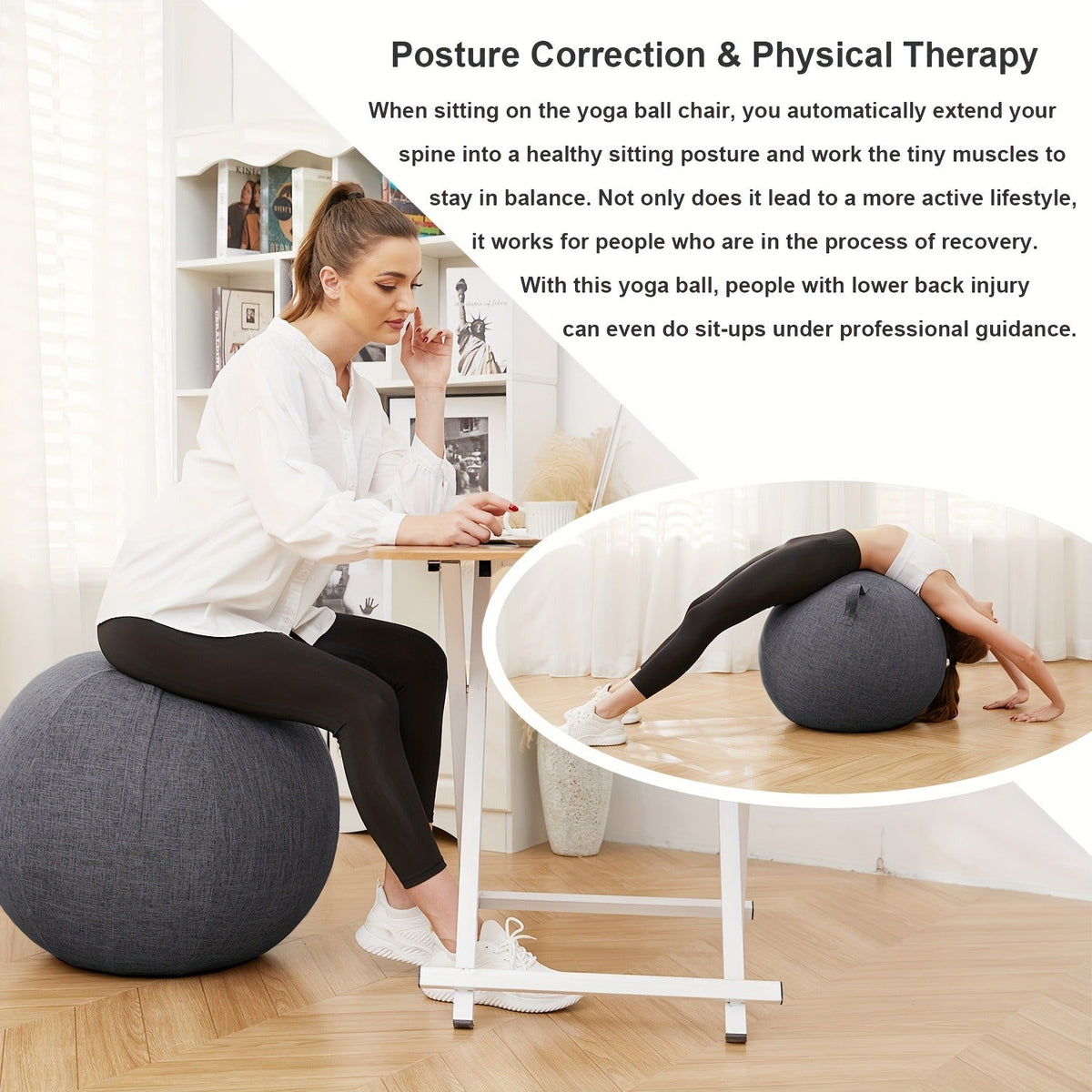 Exercise Ball Chair 65cm with Fabric Cover – Stability Balance Ball Seat for Home Office Desk, Yoga Pilates Birthing Ball, Relieves Back Pain & Improves Posture, Grey & Black, Anti-Burst Design