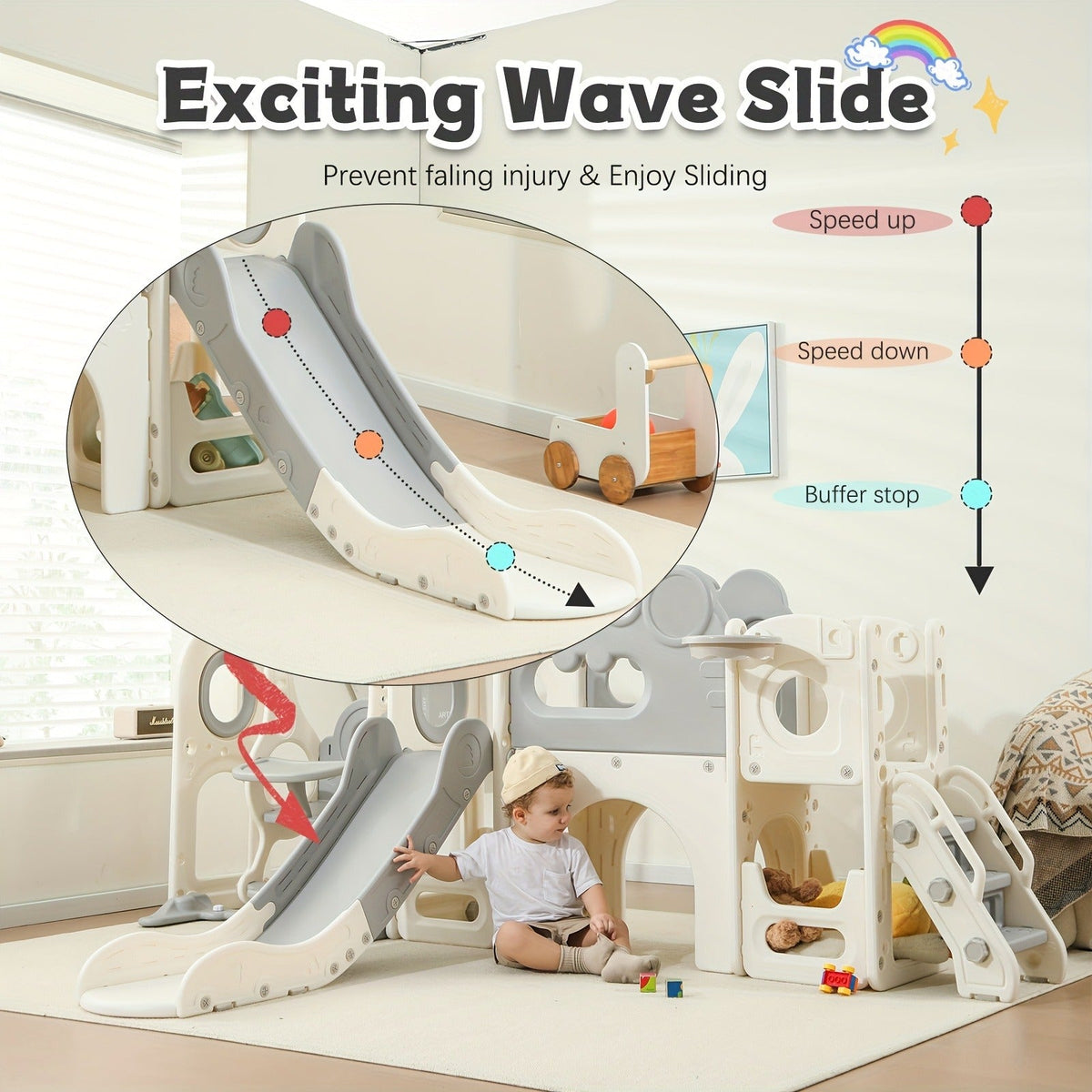 9-in-1 Foldable Toddler Slide with Basketball Hoop Telescope Climbing Set Indoor Outdoor Kids Playset Extended Slide for Toddlers Boys Girls