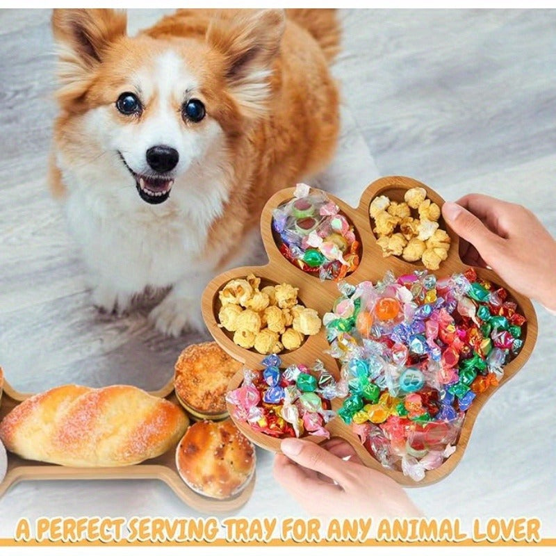 Bamboo Pet Food Bowl Set – Paw & Bone Shaped Wooden Serving Tray with 5-Compartment Snack Platter, Natural Charcuterie Board for Dogs & Cats, Party Candy Dish, 2 Pack