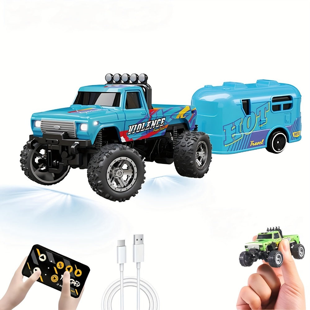 Mini RC Truck 1:64 Scale – 2.4GHz Alloy Off-Road Crawler with Detachable Trailer & LED Lights