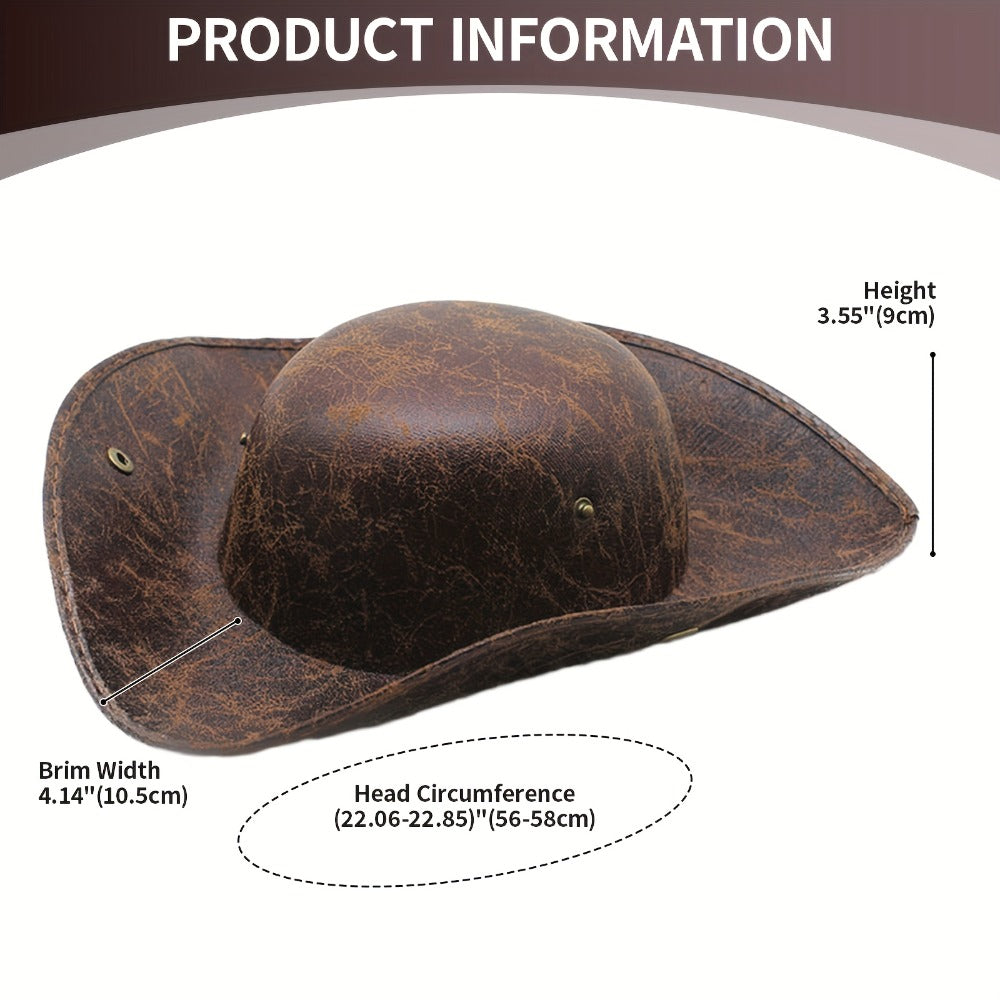 Pirate Tricorn Costume Hat with Distressed Faux Leather Look, Black or Brown
