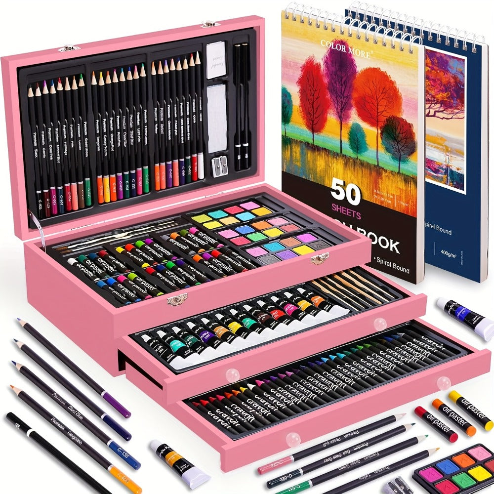 175-Piece Deluxe Art Set in Wooden Case – Drawing Pads Crayons Acrylic Paints Colored Pencils Complete Professional Art Kit Gift for Kids Teens Adults Birthday Christmas