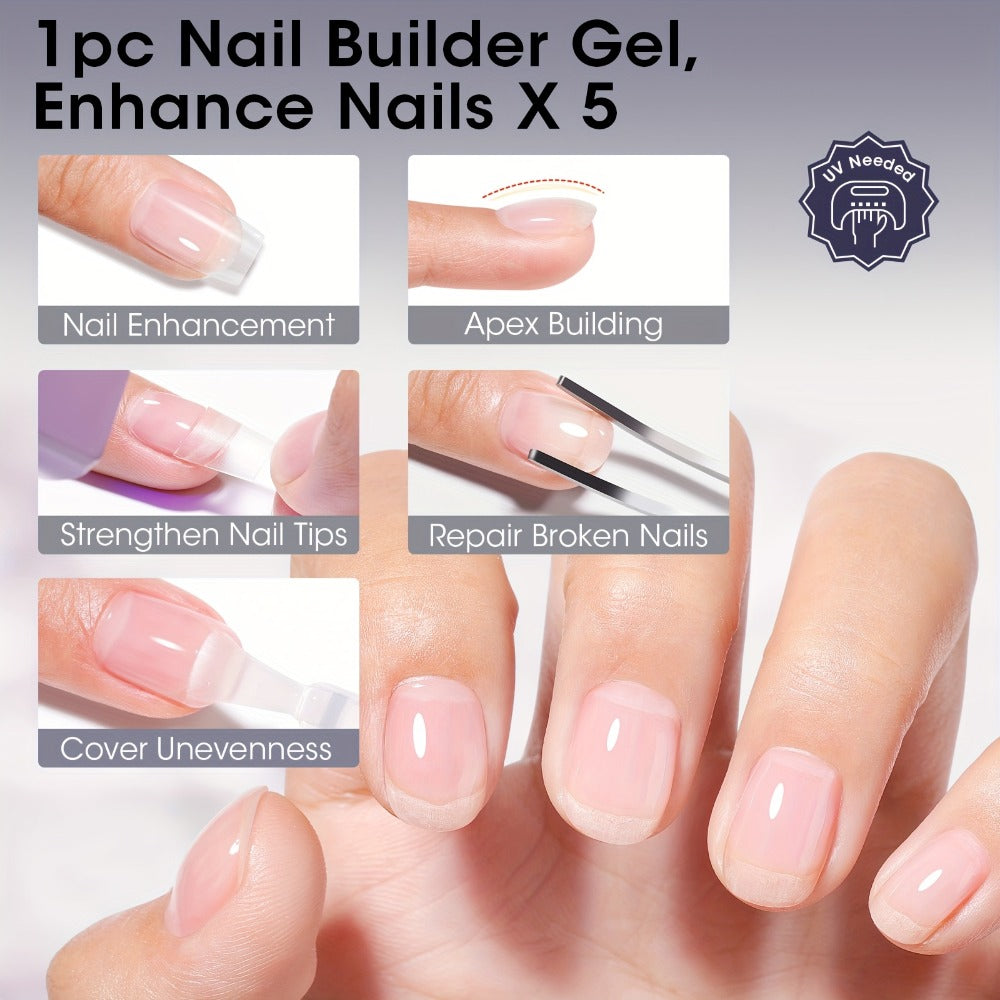 Clear Builder Gel HEMA-Free 5-in-1 2pcs 1.35oz — Nail Extension Strengthener Apex Construction Art Sealing & Repair | Soak-Off UV LED 28+ Days Chip-Proof Wear for Sensitive Skin Salon & Home Use