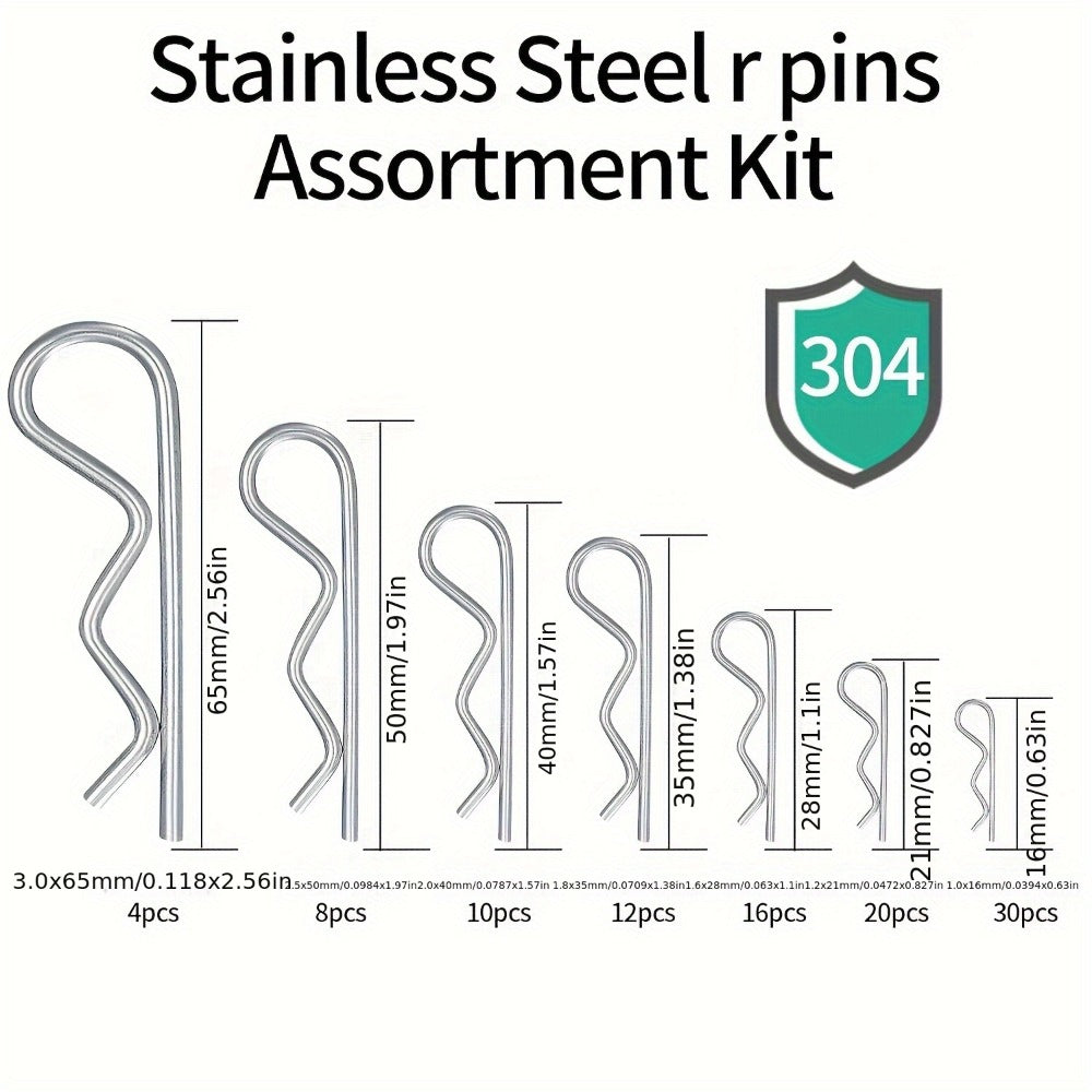 100pcs Stainless Steel R Cotter Pin Assortment Kit – R-Clip Spring Retaining Pins 7 Sizes for Trailer Hitch Automotive Marine Lawn Mower & Agricultural Machinery