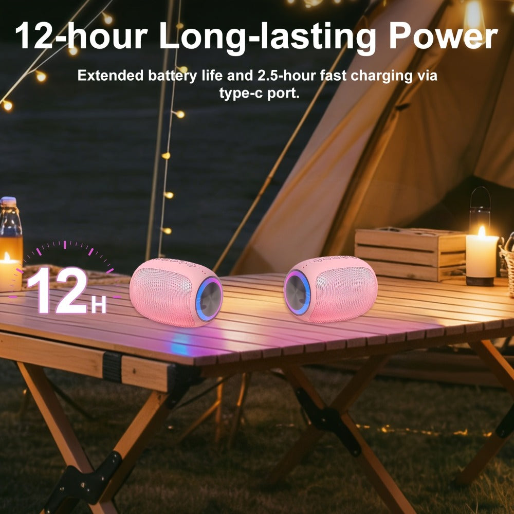 Pink Portable Wireless Bluetooth Speaker with Colored LED Lights - Foubeak Dual Speaker Stereo Sound, Rechargeable, Perfect Gift for Girls Women Christmas Birthday Valentine
