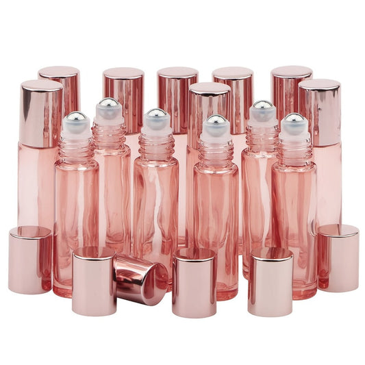 Glass Roller Bottles, 14-Pack of 10 ml Clear Pink Roll-On Containers for Oil Blends