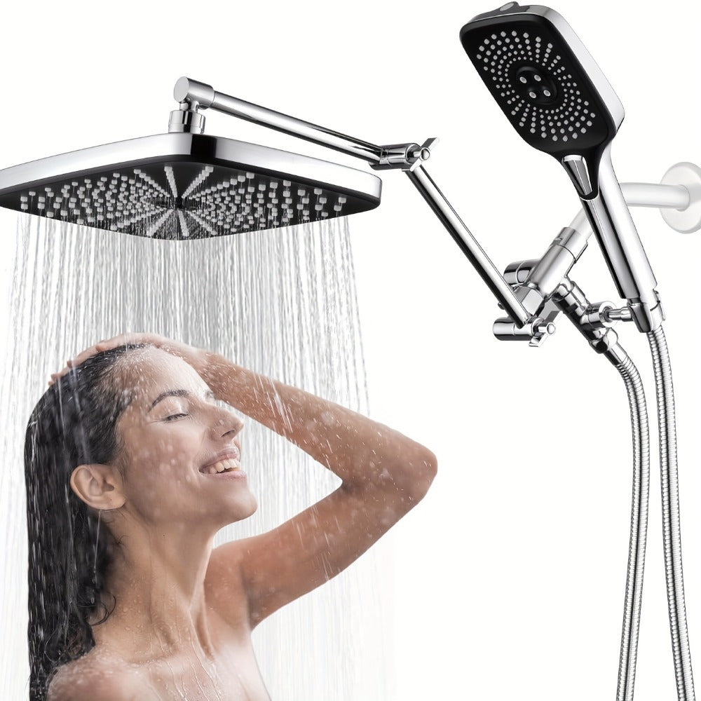 Rain Shower Head with Handheld Combo 12 Inch High Pressure Rainfall Showerhead Set – 4-Function Spray, 3-Way Diverter, 2-Stage Extension Arm & 71" Hose, Matte Black / Chrome / Brushed Nickel
