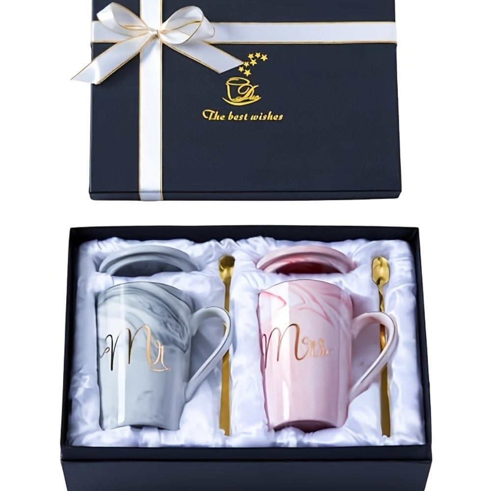 Mr and Mrs Mugs Wedding Gift Set 14oz Ceramic Marble – Bride and Groom Couples Mugs | Bridal Shower Engagement Anniversary Gift | Reusable Grey Pink Couple Coffee Mugs