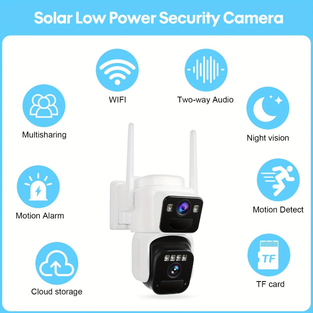Dual Lens Solar Security Camera Outdoor Wireless WiFi Battery Powered with Color Night Vision, PIR Motion Detection, Two-Way Audio, Spotlight Alarm & 256GB TF Card Support – Wire-Free CCTV Surveillance