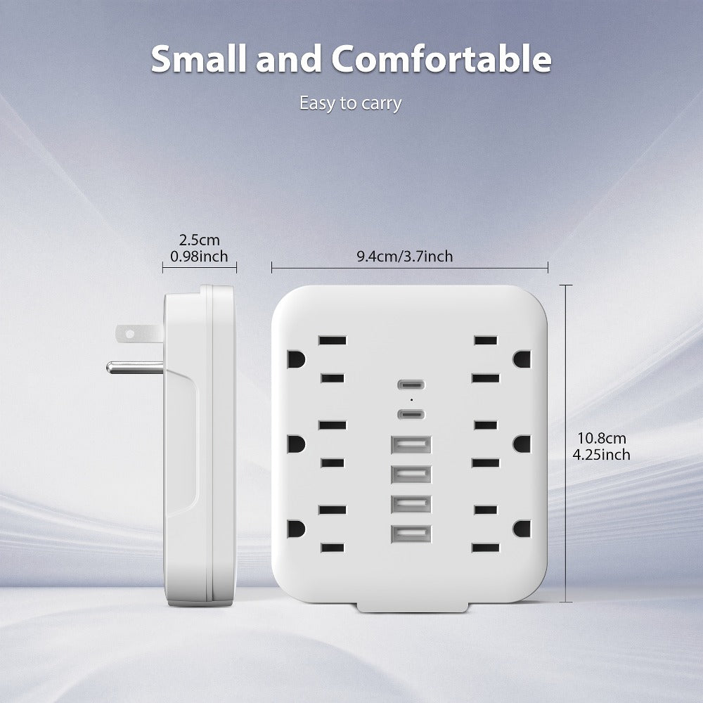 Compact 12-in-1 Mini Power Strip with 6 AC Outlets, 4 USB-A & 2 USB-C Ports – Portable Wall Charger Adapter, Multi-Socket Extension Outlet for Travel, School, Office & Home Use