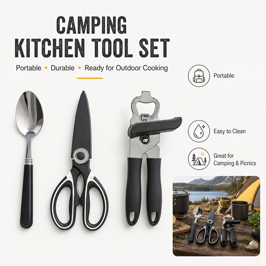 Camping Cooking Utensil Set in Stainless Steel with Organizer Bag, 10 or 27 Pieces