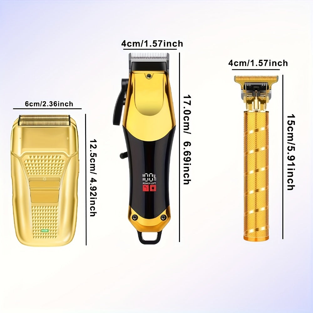 Men's Grooming Kit Hair Clipper Set USB Rechargeable LCD Display - Professional Clipper Razor T-Blade Trimmer 8 Guide Combs & Apron Complete Home Barber Kit Gold Black Gift for Men