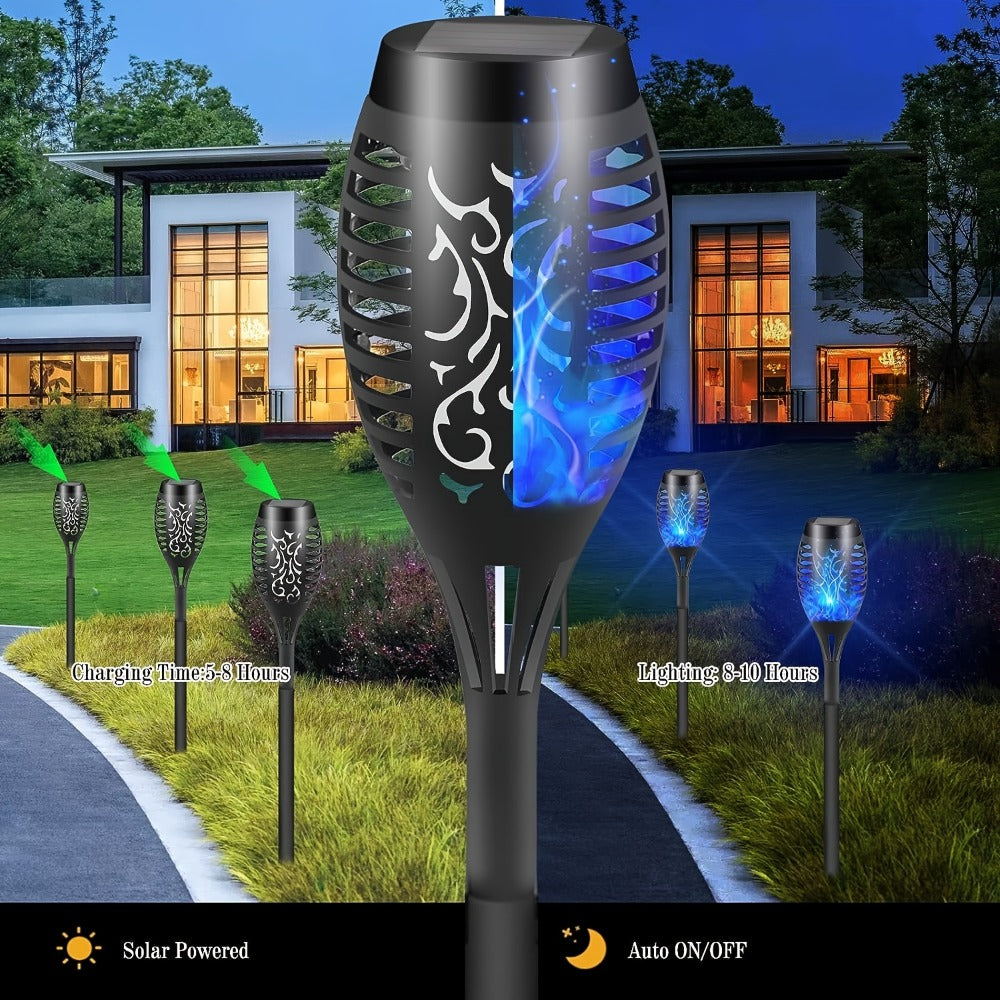Solar Torch Lights Flickering Flame Outdoor – Auto On/Off Dancing Flame Solar Garden Lights IP54 Waterproof | Landscape Pathway Torch for Garden, Yard, Patio & Christmas Decoration | 6/8/12pcs Blue