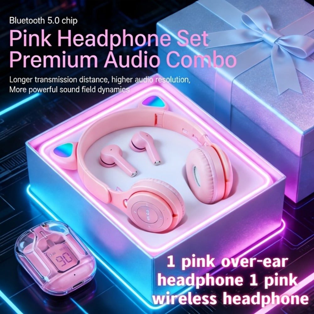 Cute Pink Cat Ear Headphones & Wireless Earbuds Gift Set Bundle LED Glowing Over-Ear Headset Combo for Girls Teens Women Birthday Holiday Back to School