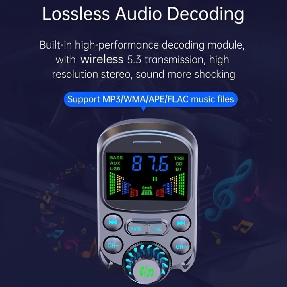 Car FM Transmitter Bluetooth 5.3 with QC3.0 & PD 30W Fast Charging, Hands-Free Car Kit, Bass Boost, 3.5mm AUX Audio Input, MP3 Player – Wireless Car Audio Adapter for iPhone Android